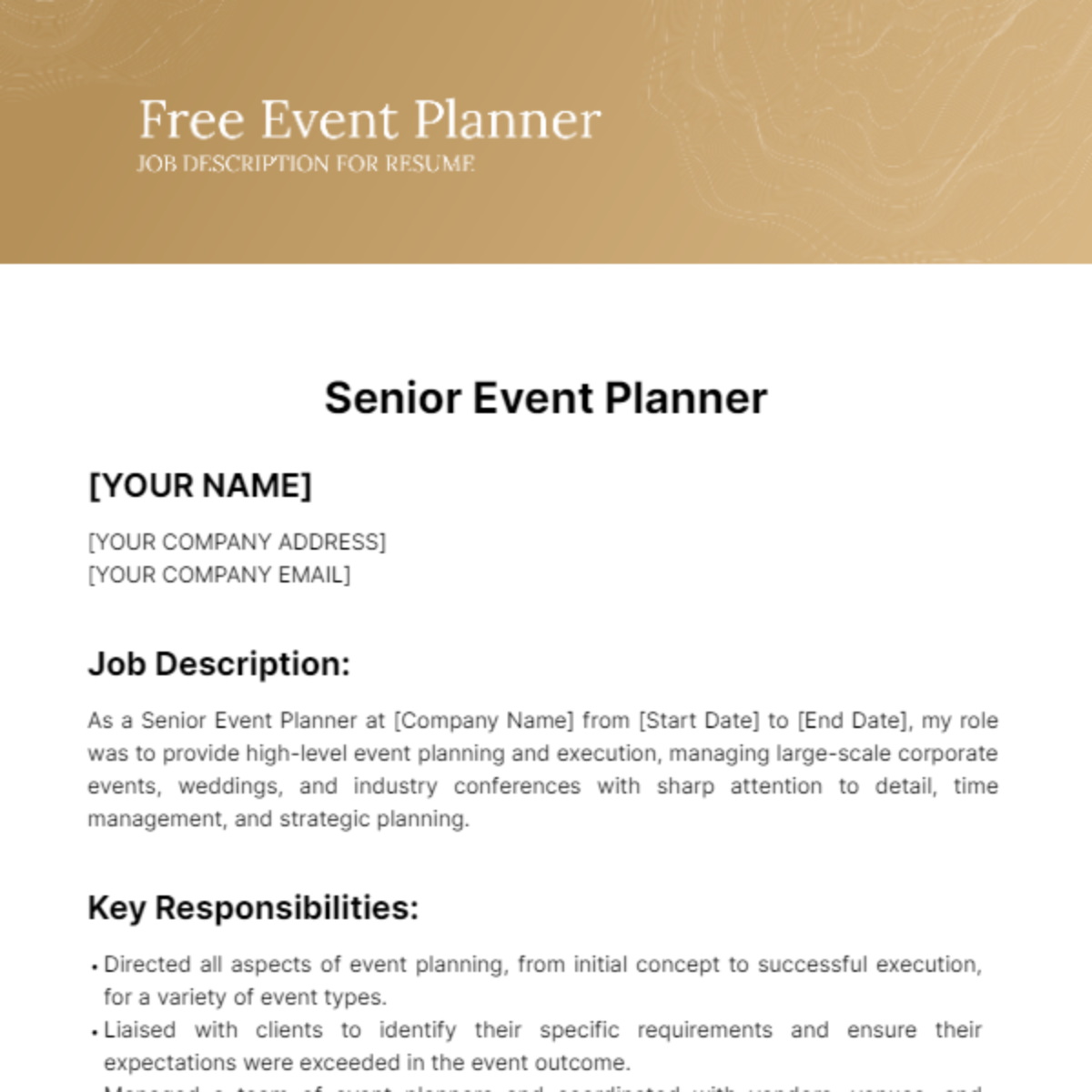 Free Event Planner Job Description for Resume Template