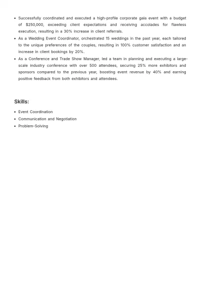 Free Event Planner Job Description for Resume Template to Edit Online