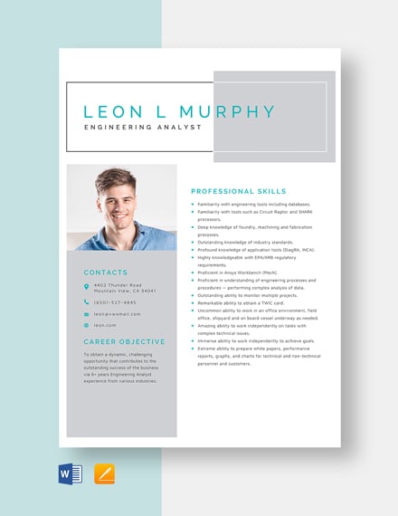 Engineering Analyst Resume Template - Word, Apple Pages