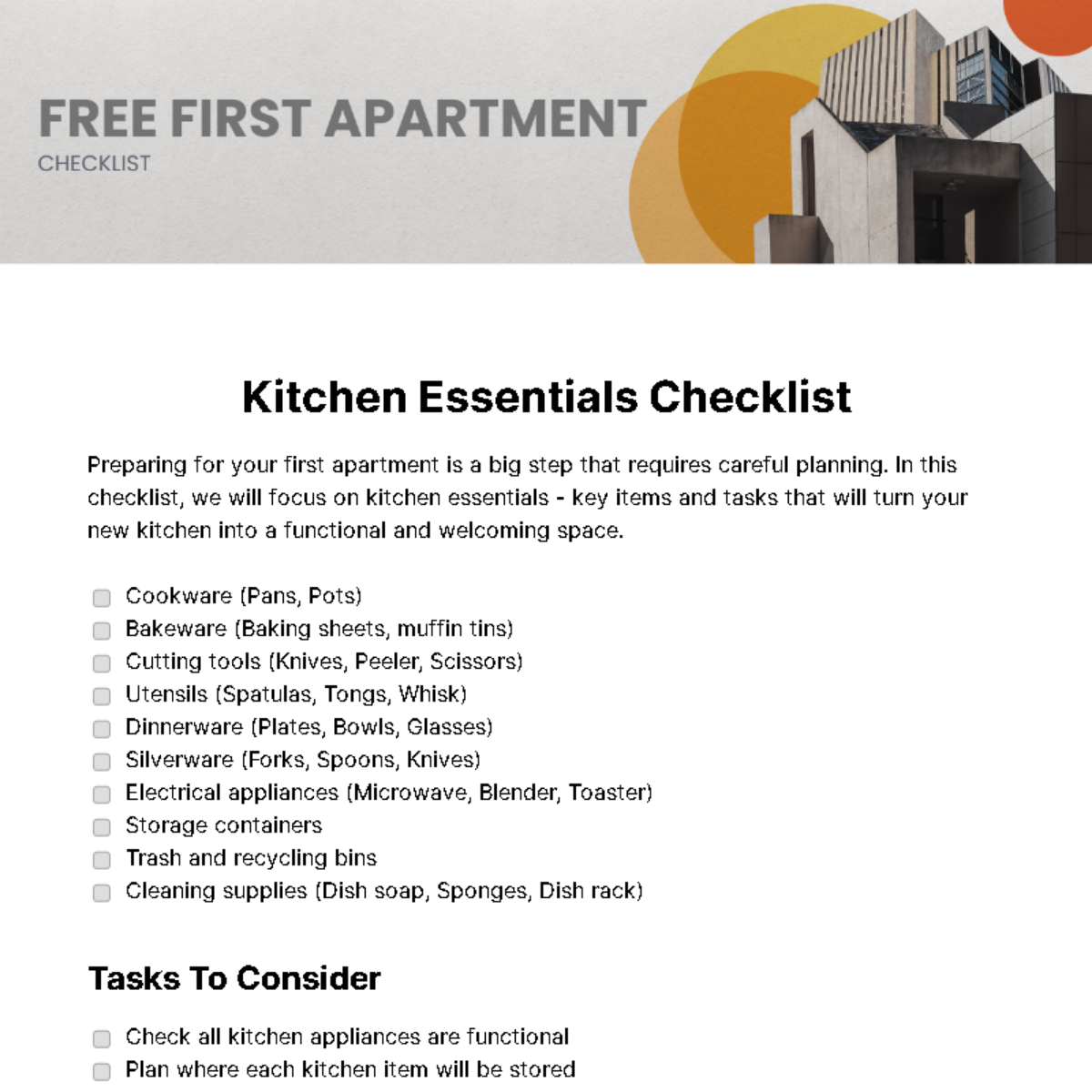 First Apartment Checklist Template - Edit Online & Download