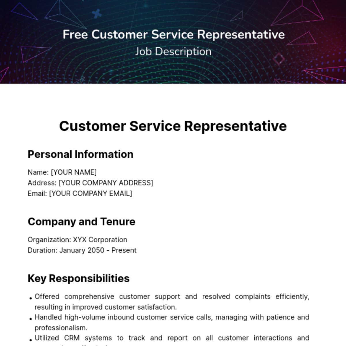 Customer Service Job Description for Resume Template