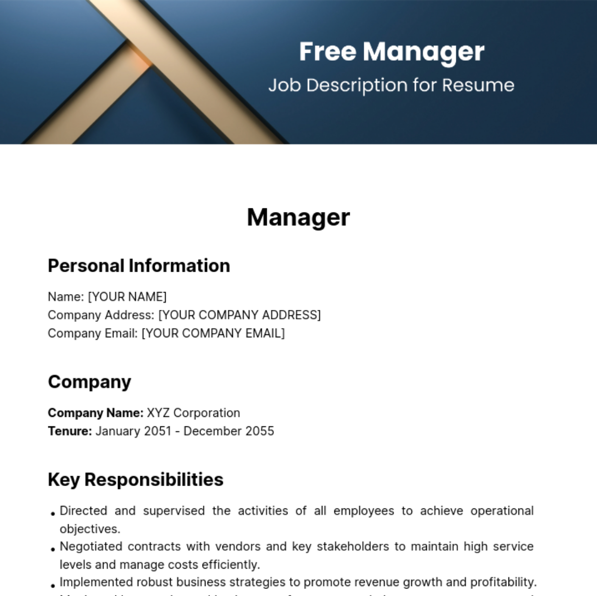 Manager Job Description for Resume Template