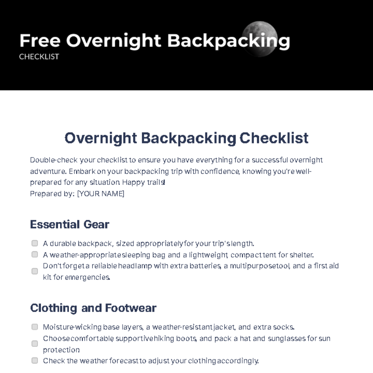 Overnight Backpacking Checklist Template