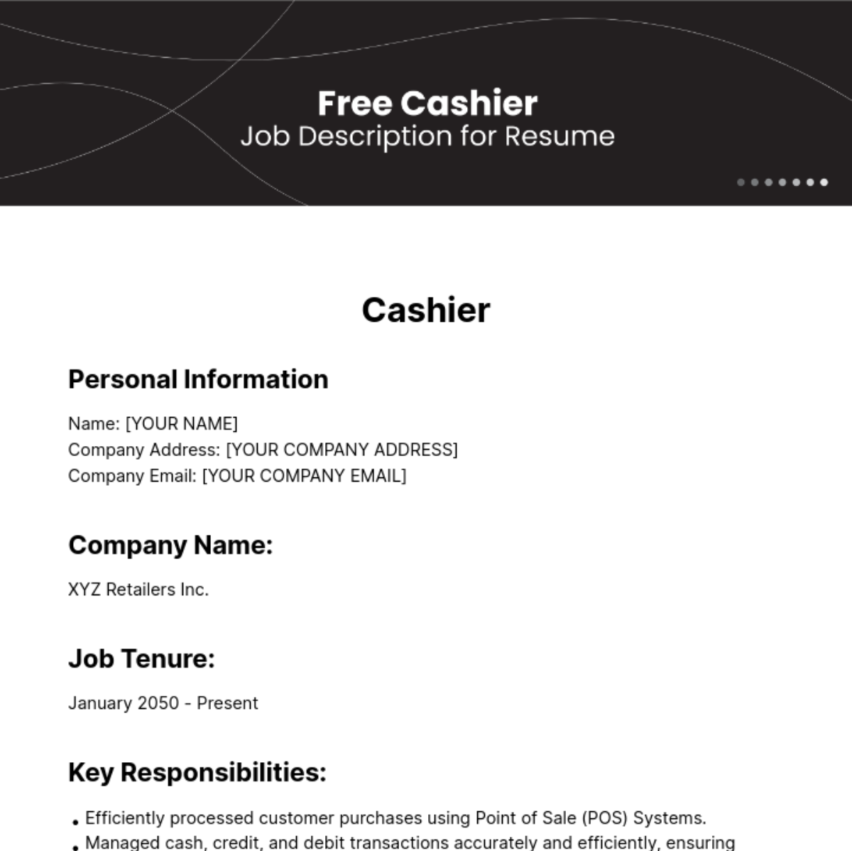 Cashier Job Description for Resume Template