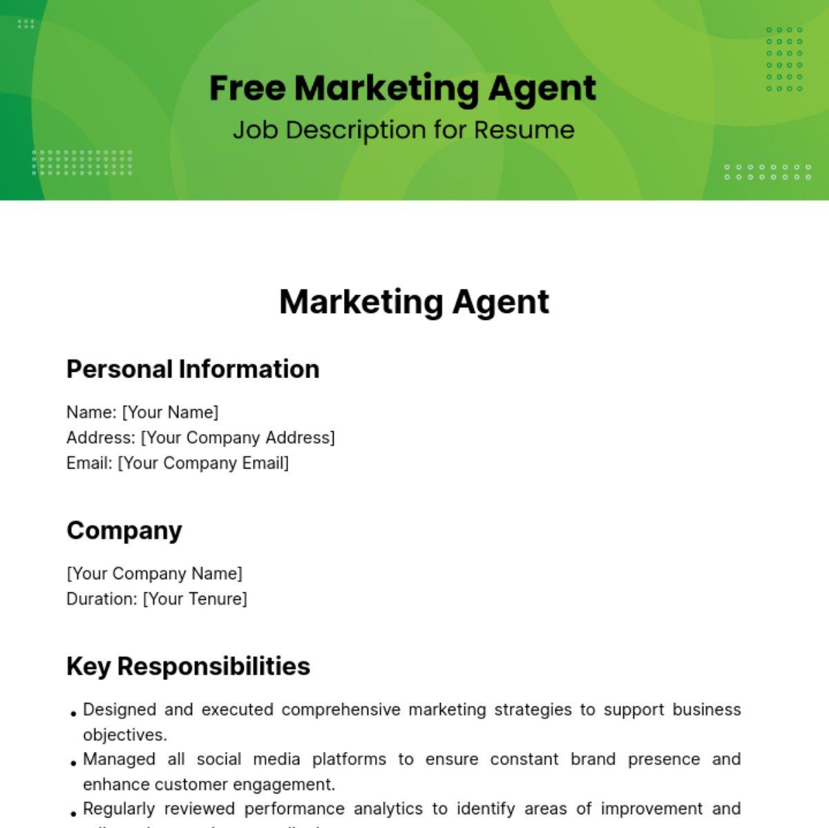 Free Marketing Job Description for Resume Template