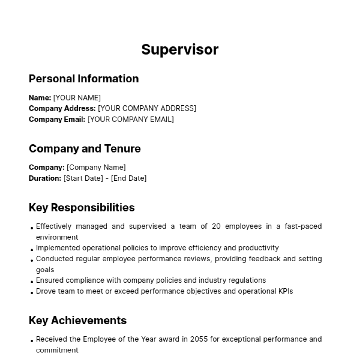 Supervisor Job Description for Resume Template