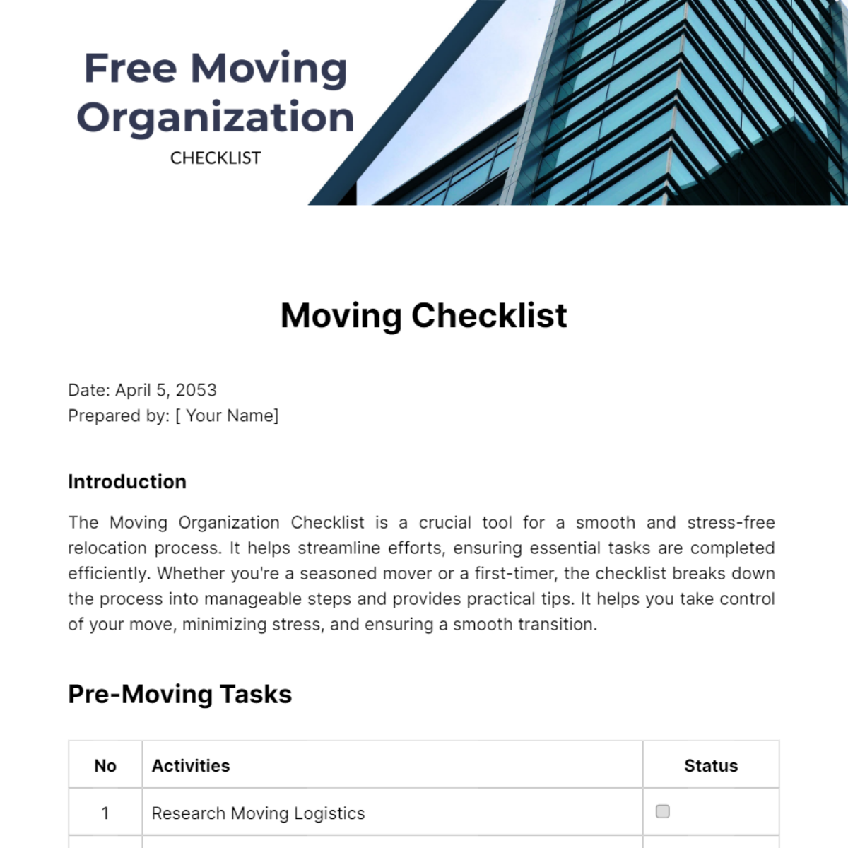 Moving Organization Checklist Template