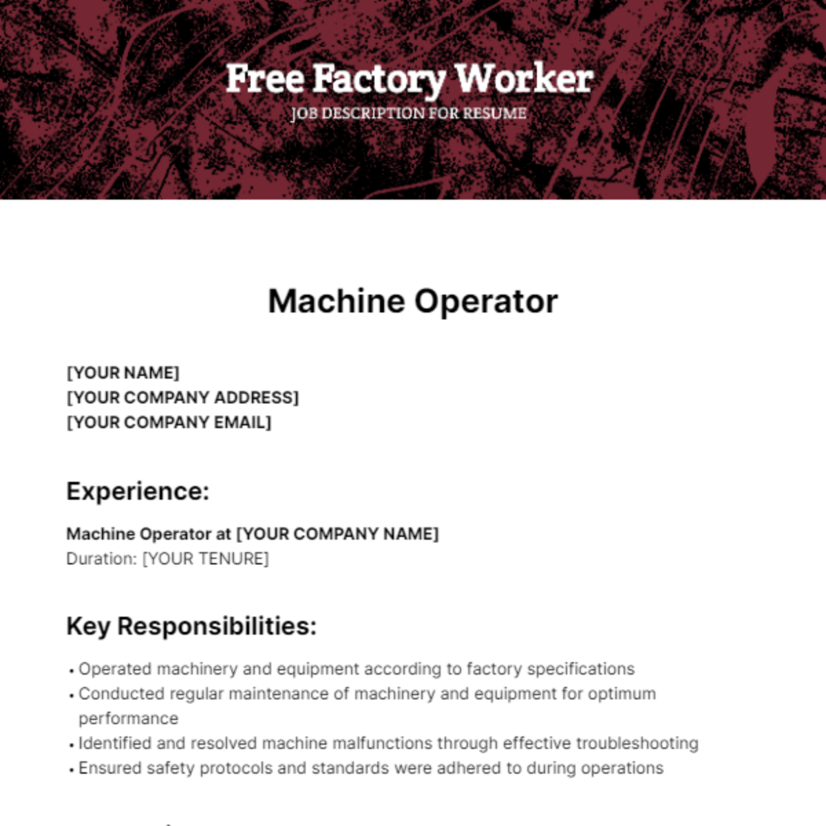 Free Factory Worker Job Description for Resume Template