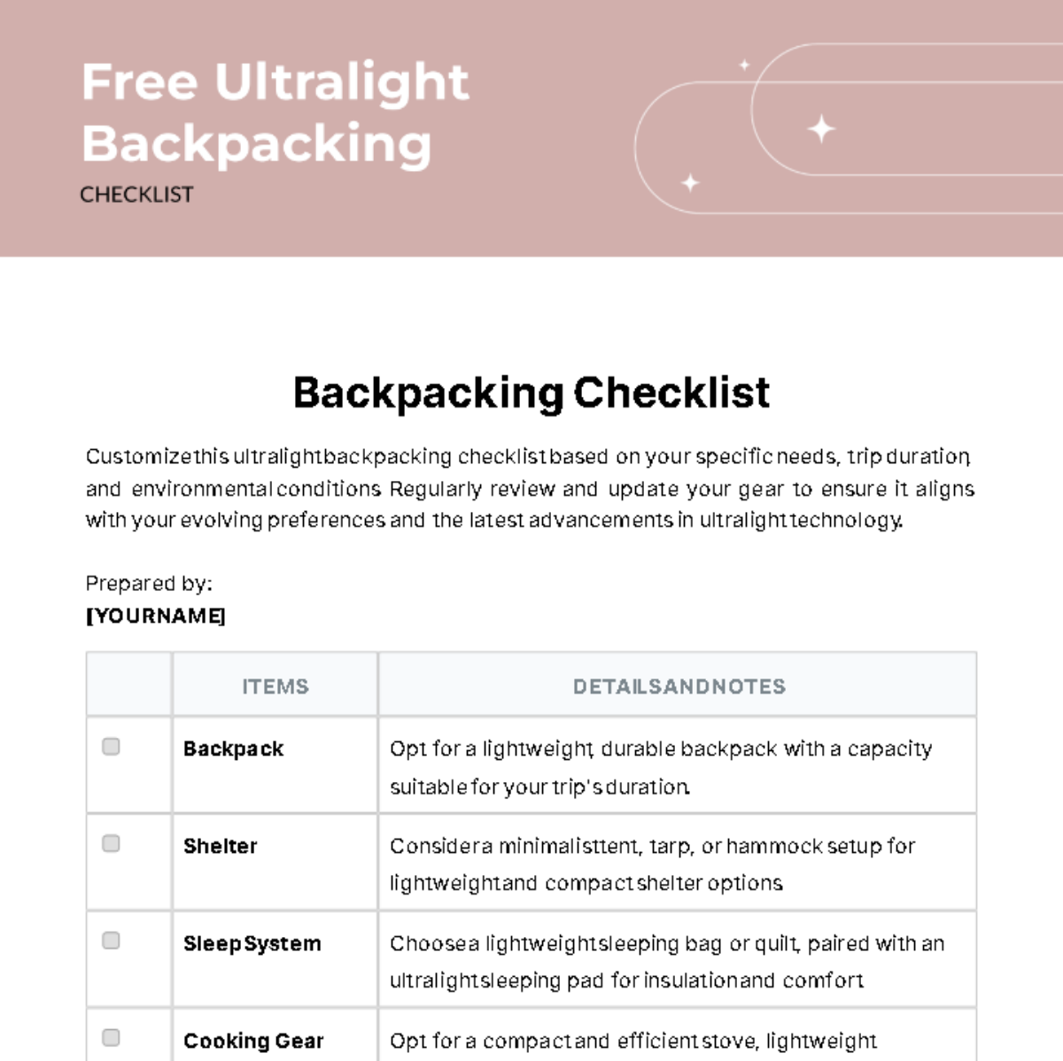 Ultralight Backpacking Checklist Template