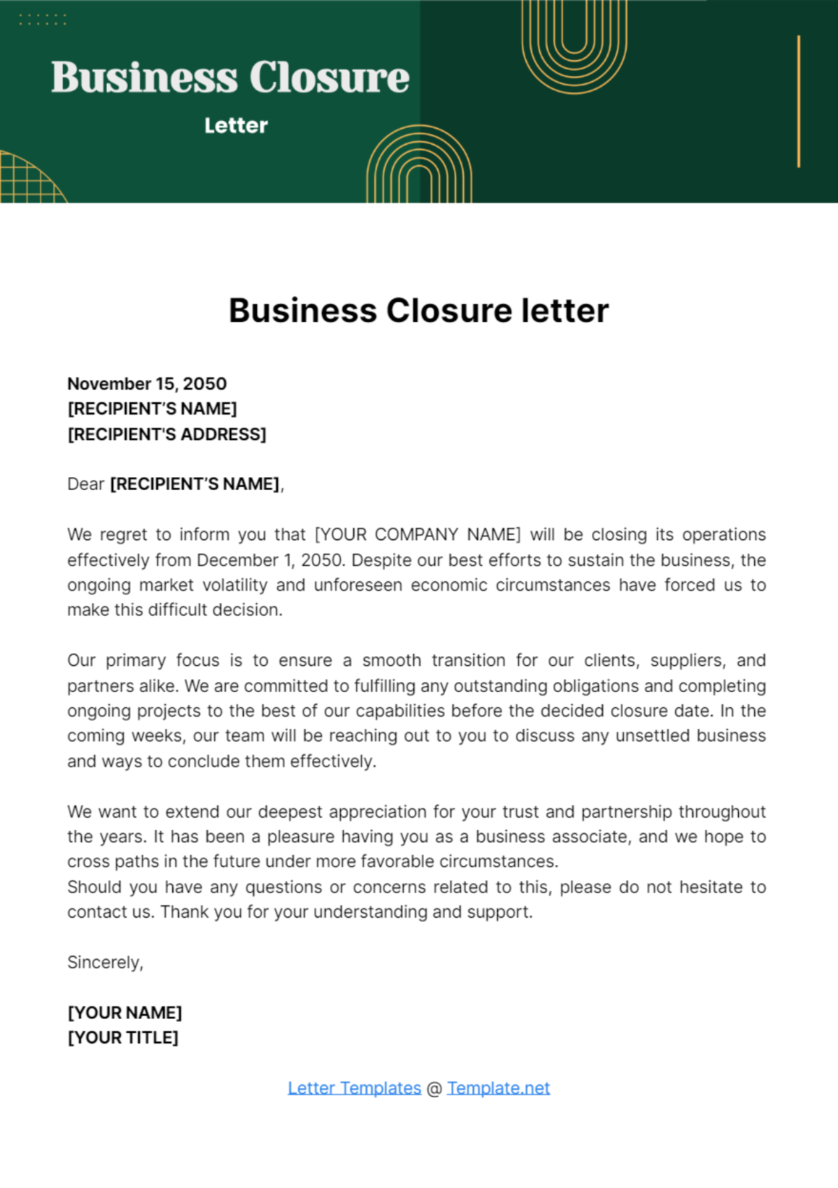 Business Closure Letter Template