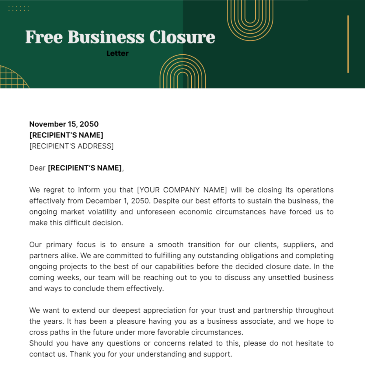 Business Closure Letter Template