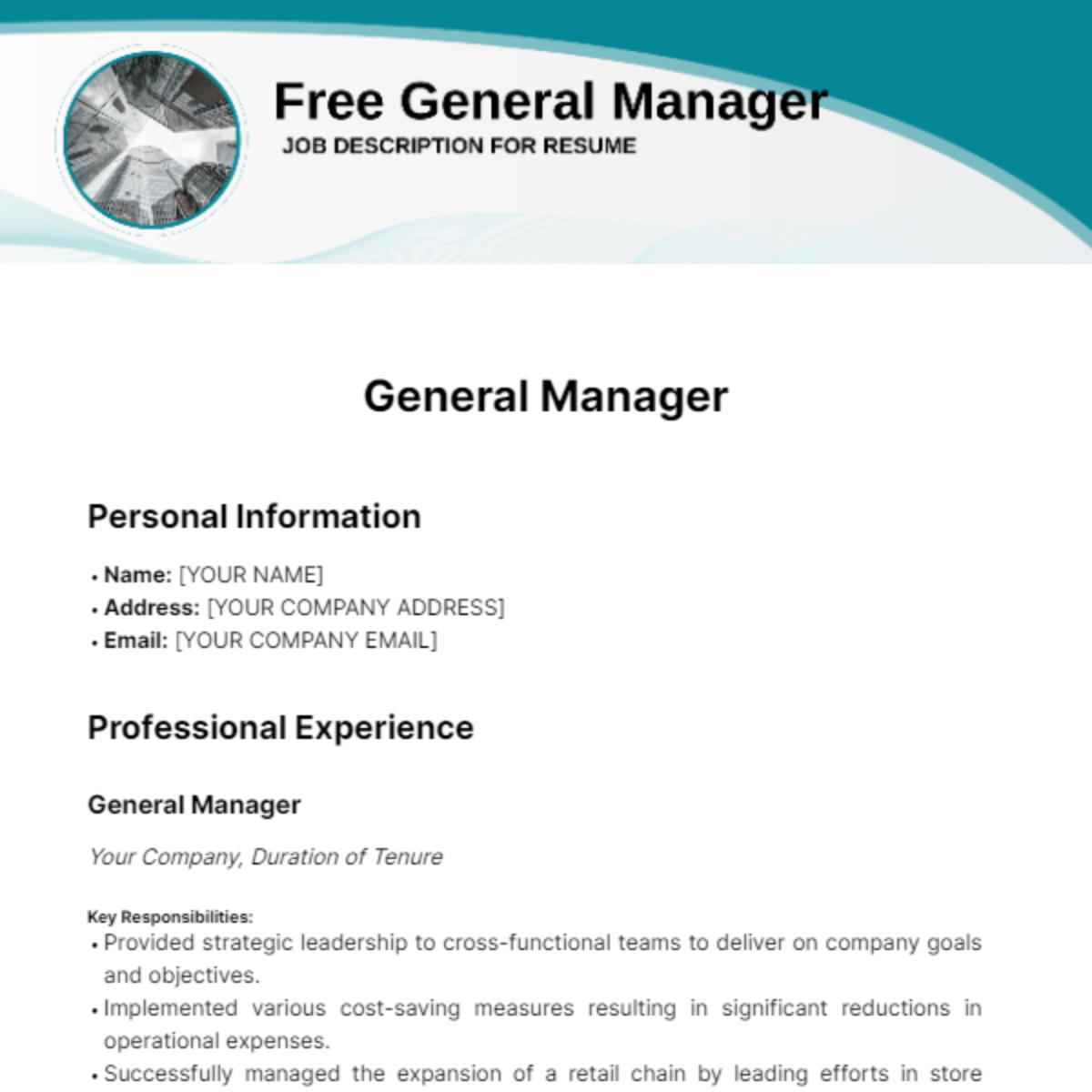 Free General Manager Job Description for Resume Template