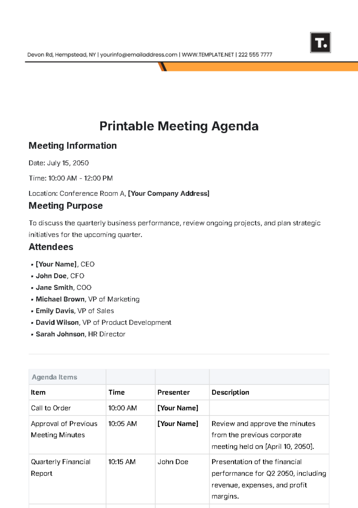 Printable Meeting Agenda Template - Edit Online & Download