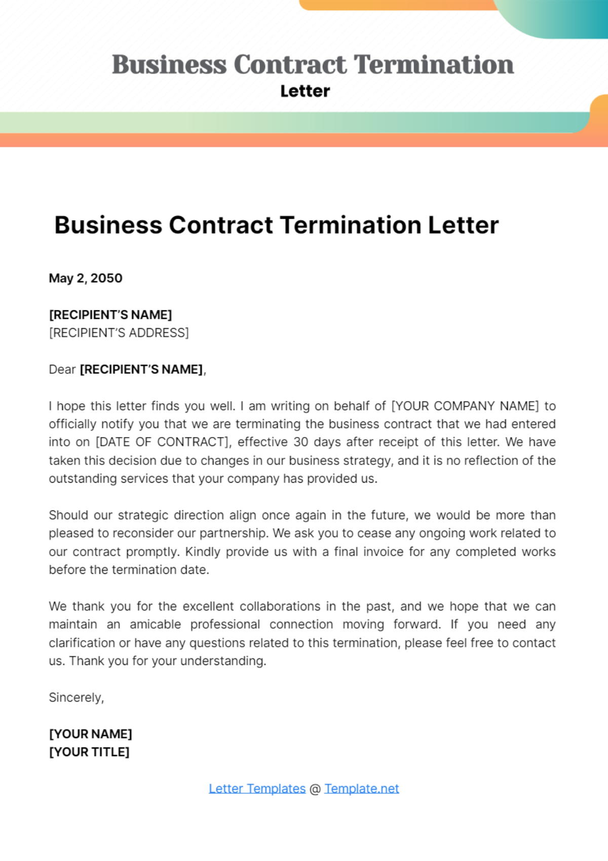 Free Business Contract Termination Letter Template