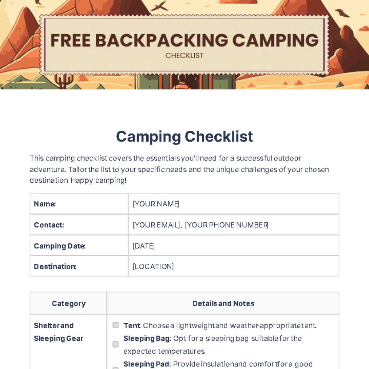 Free Backpacking Camping Checklist Template