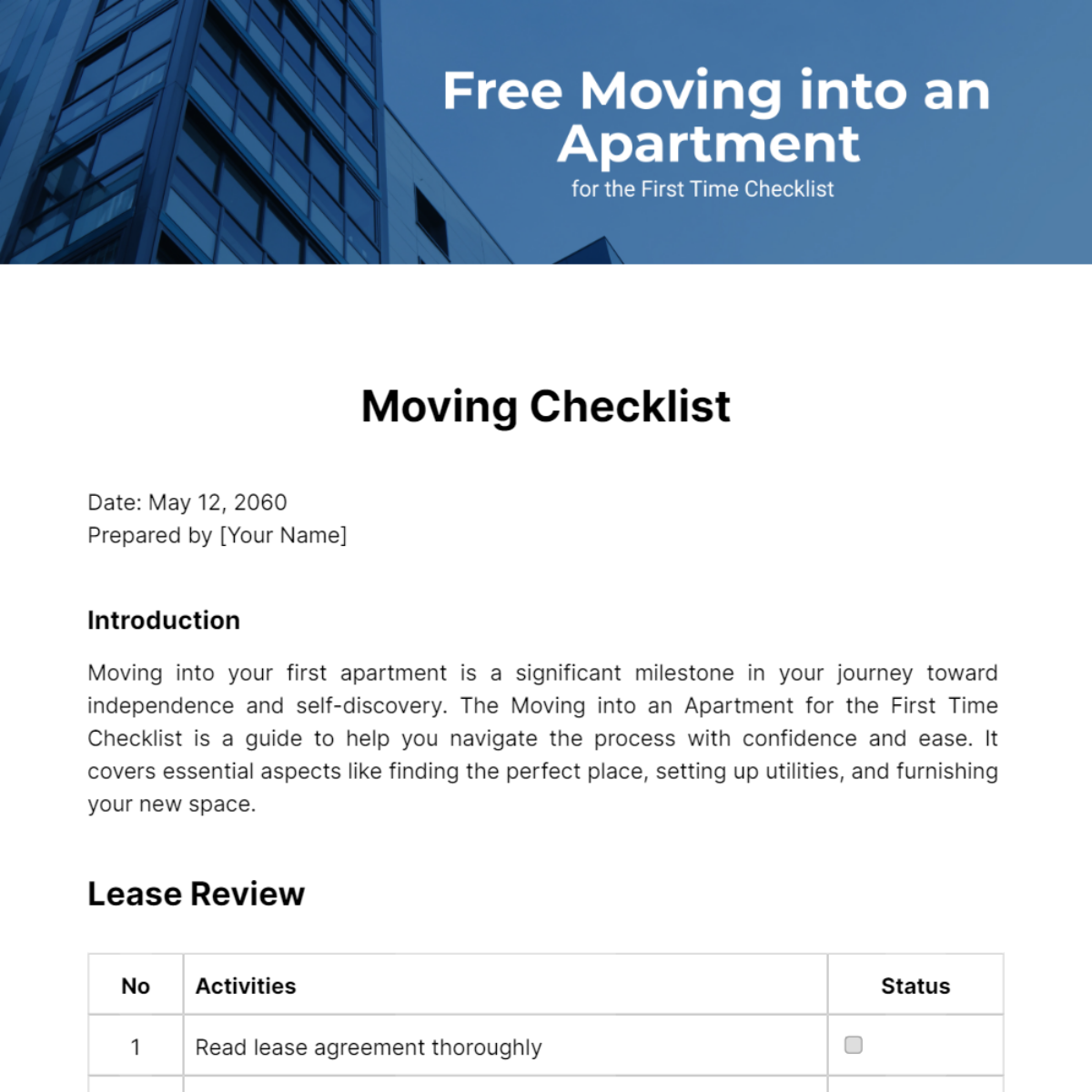 Moving into an Apartment for the First Time Checklist  Template