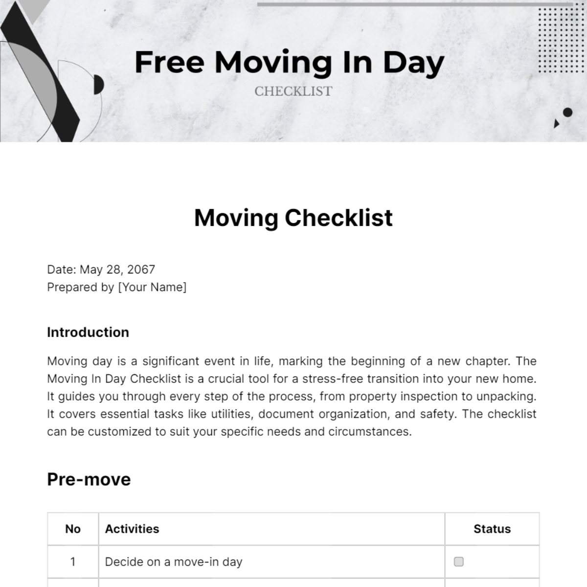 Moving In Day Checklist Template