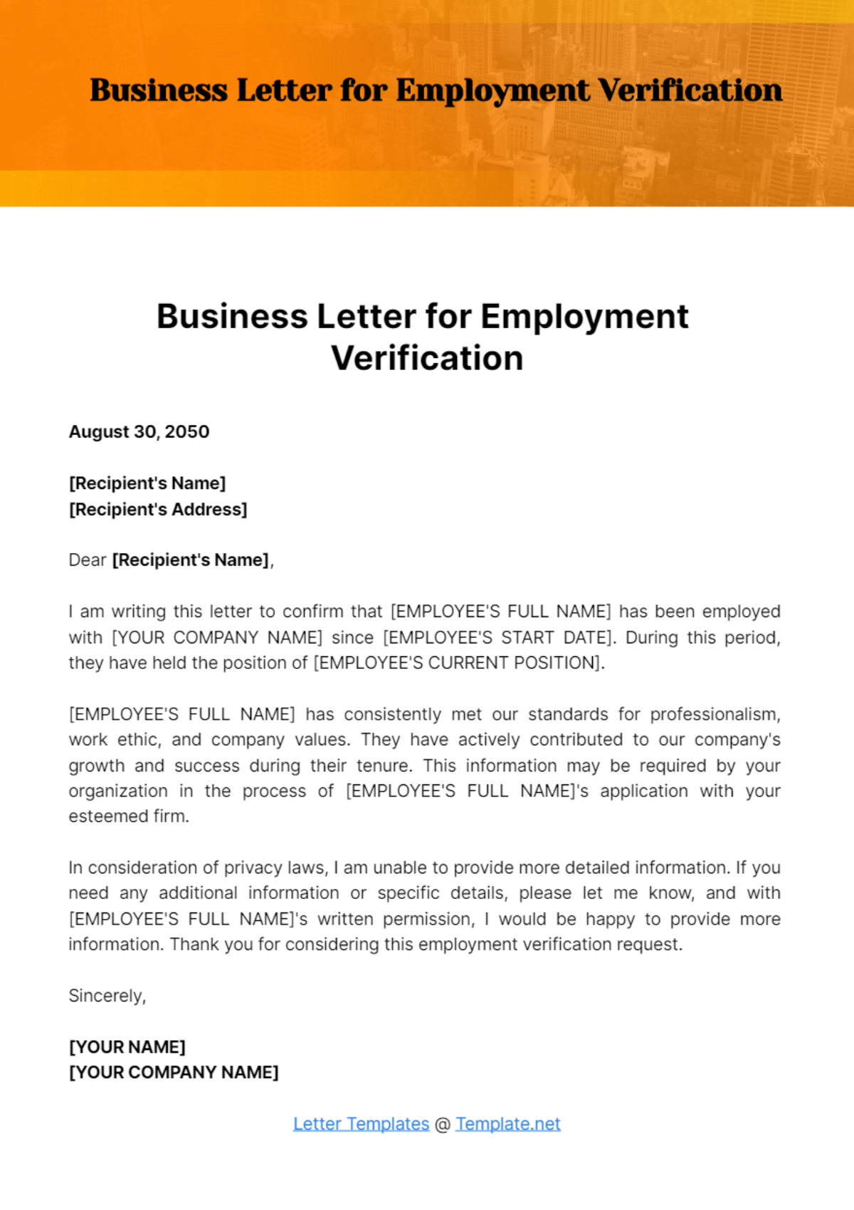 Free Business Letter for Employment Verification Template