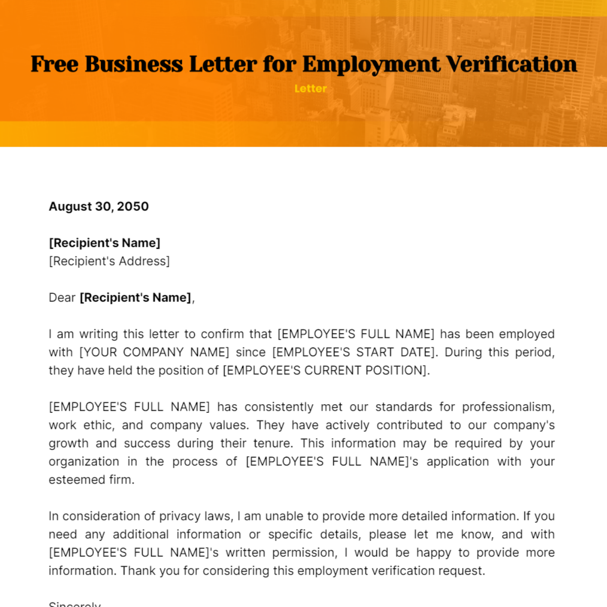 Business Letter for Employment Verification Template