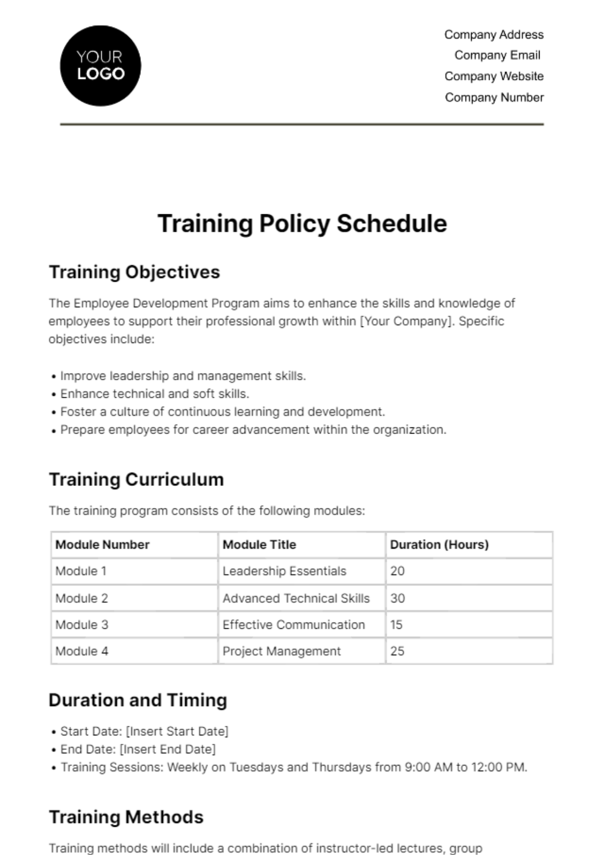 Training Policy Schedule HR Template