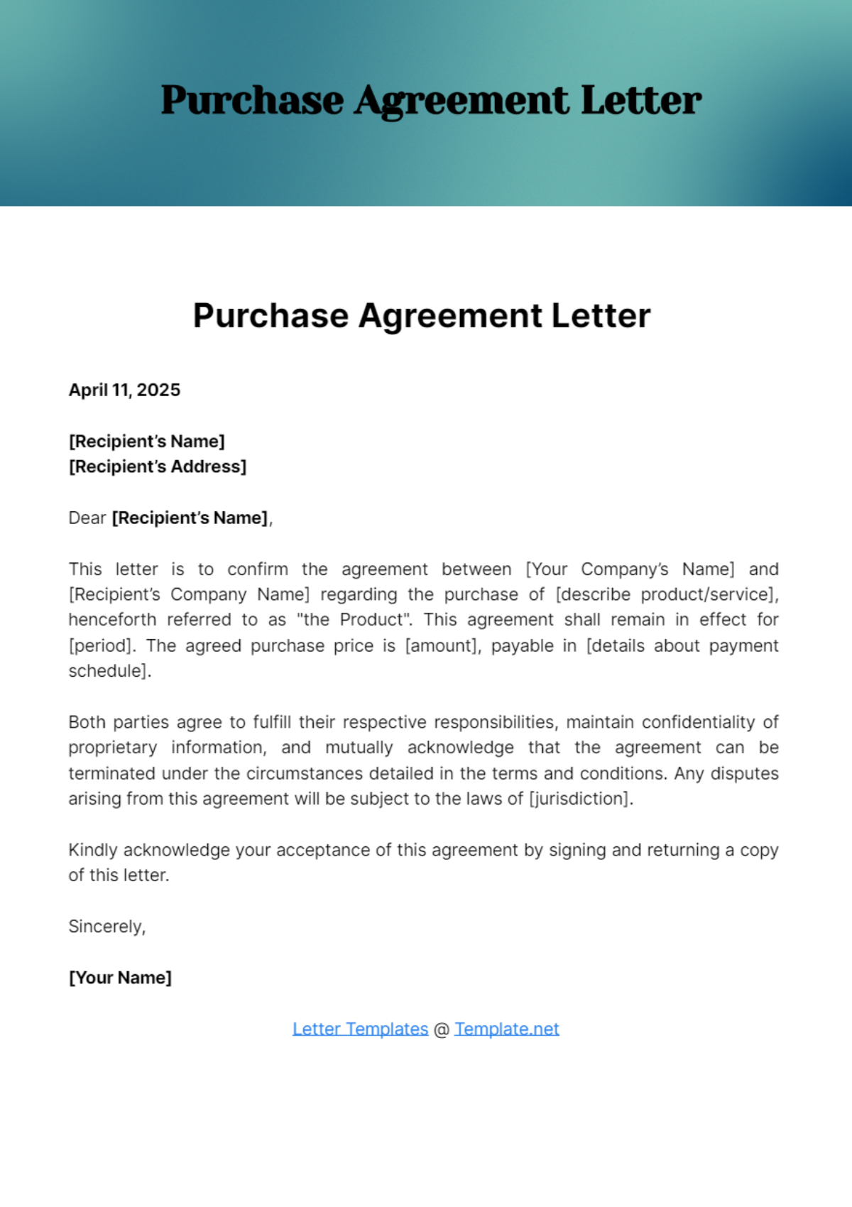 Free Purchase Agreement Letter Template