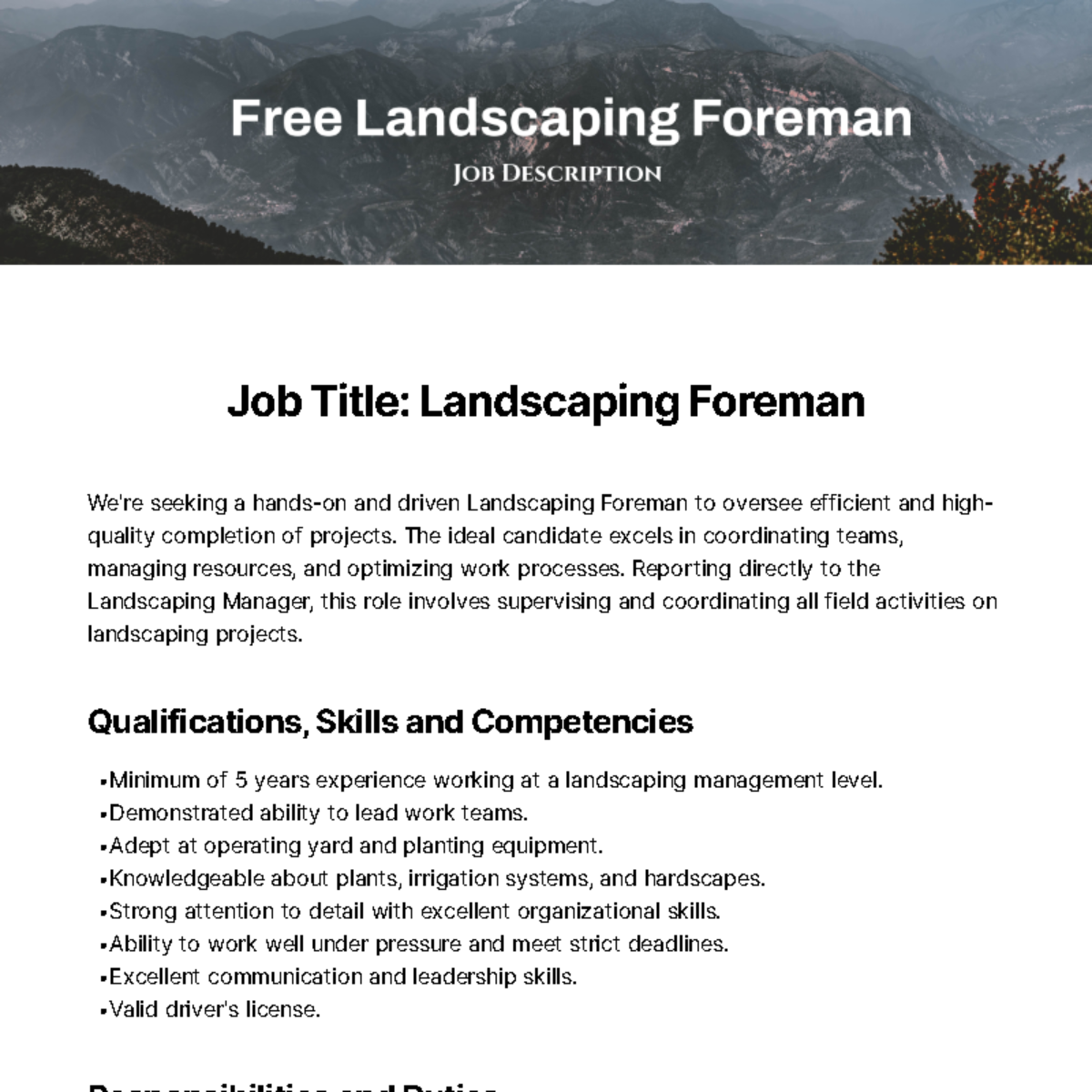 Free Landscaping Foreman Job Description Template