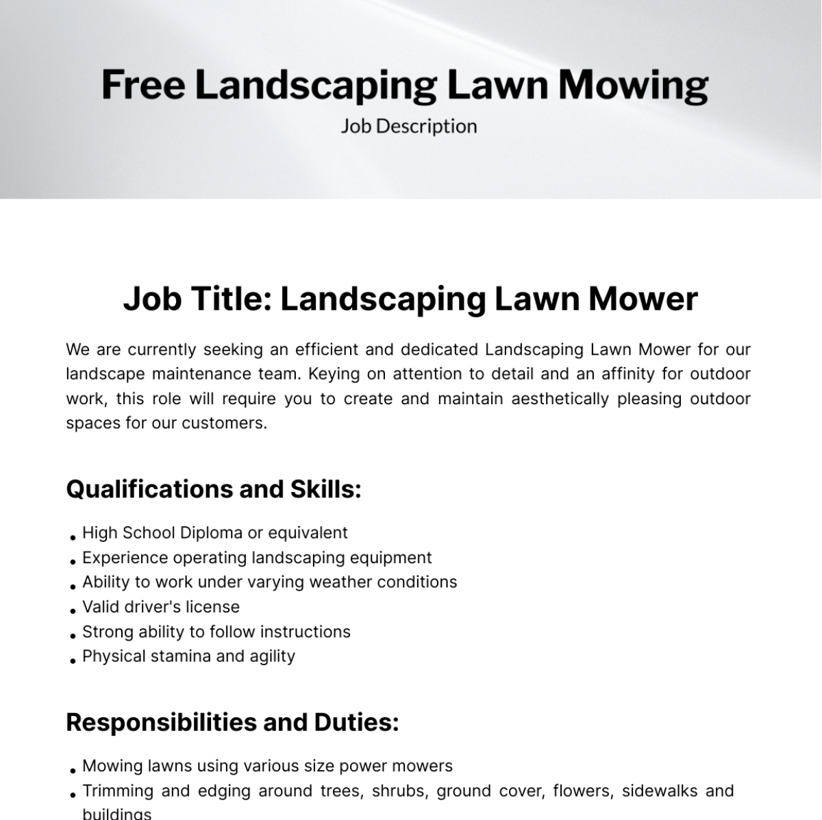 Landscaping Lawn Mowing Job Description Template