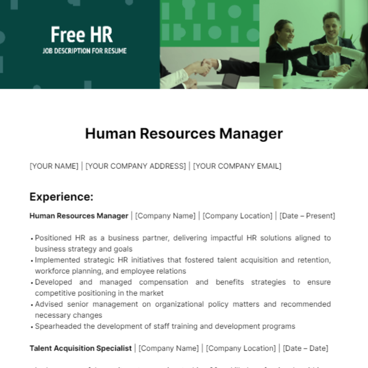 Free HR Job Description for Resume Template