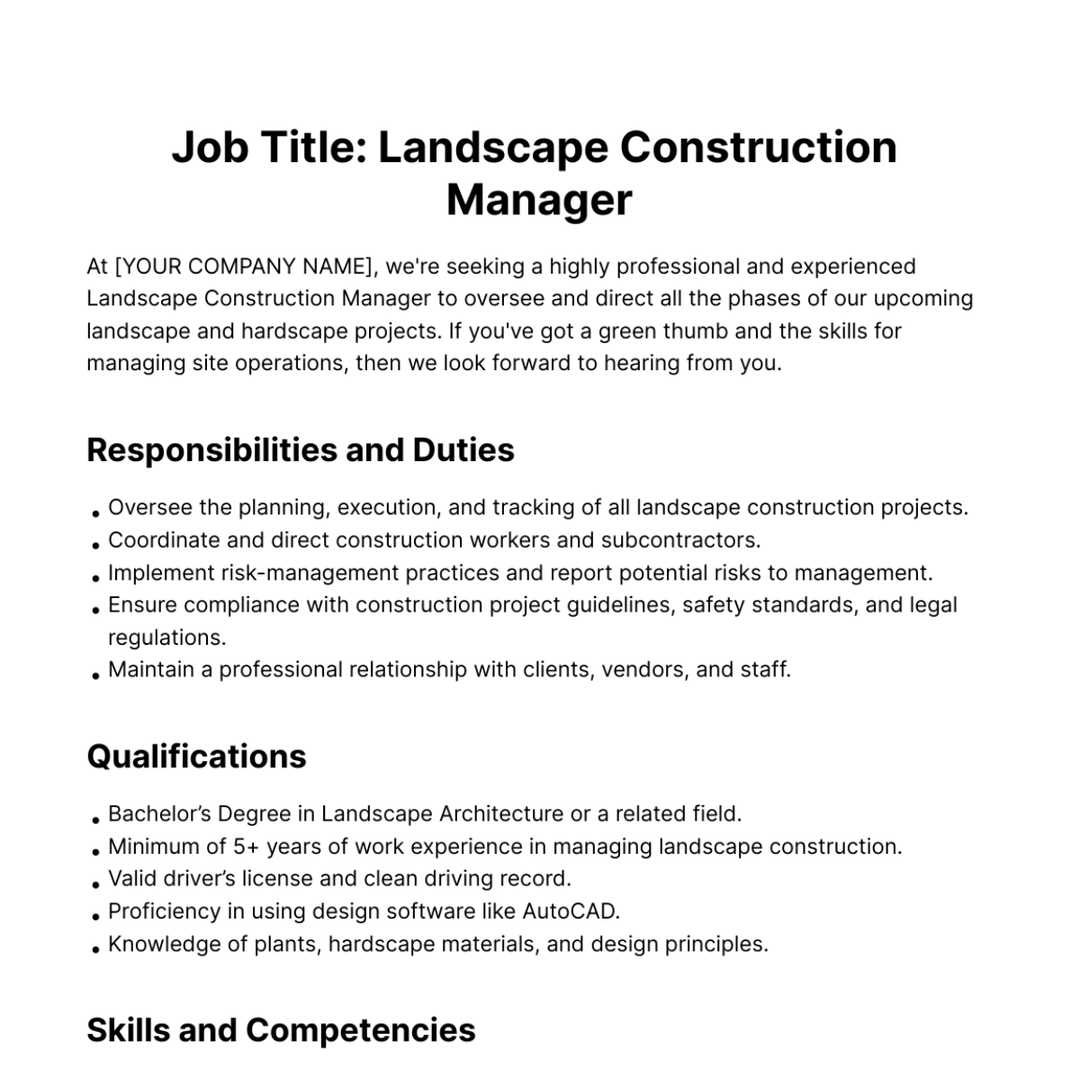 Landscape Construction Manager Job Description Template