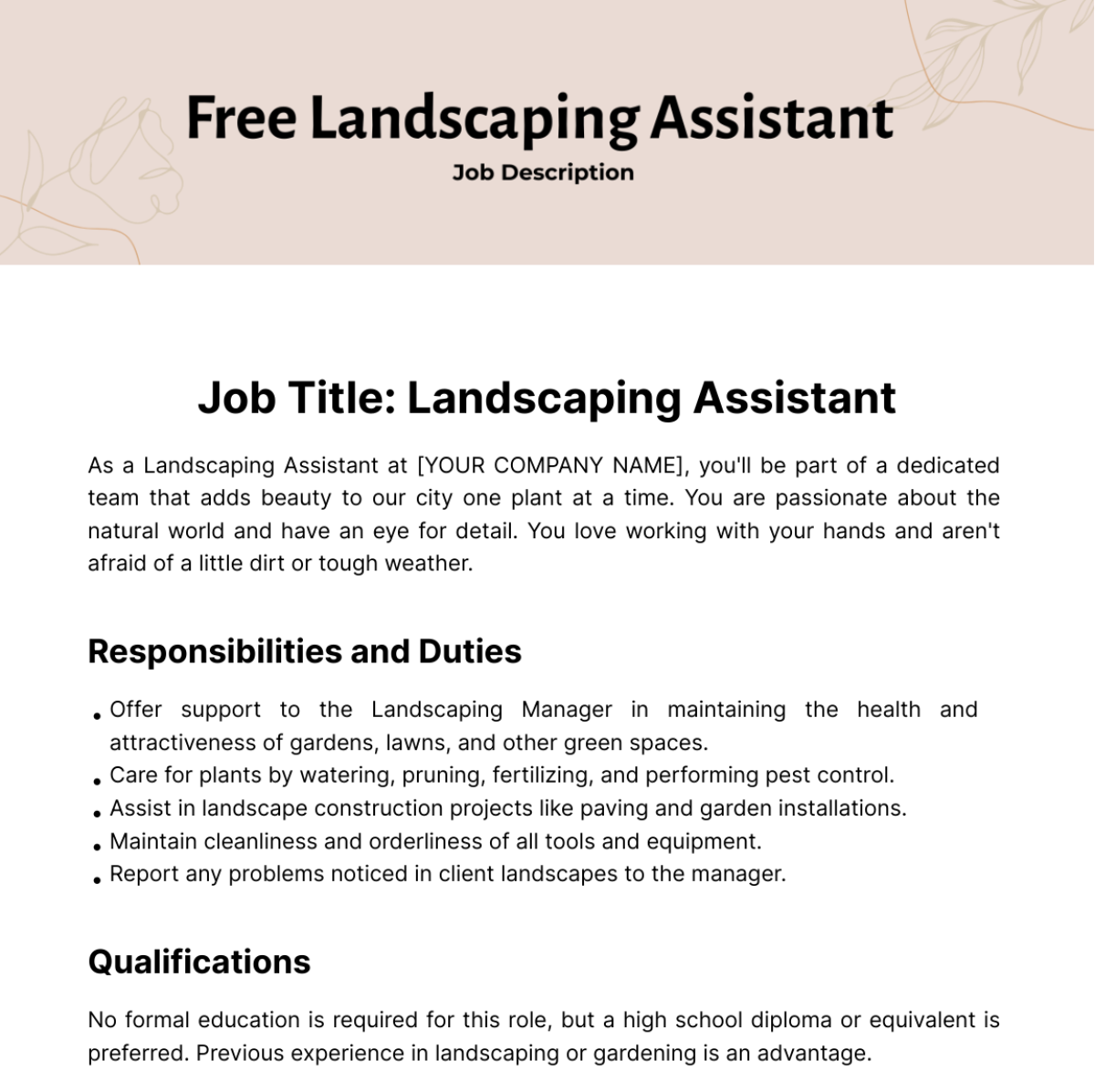 Free Landscaping Assistant Job Description Template