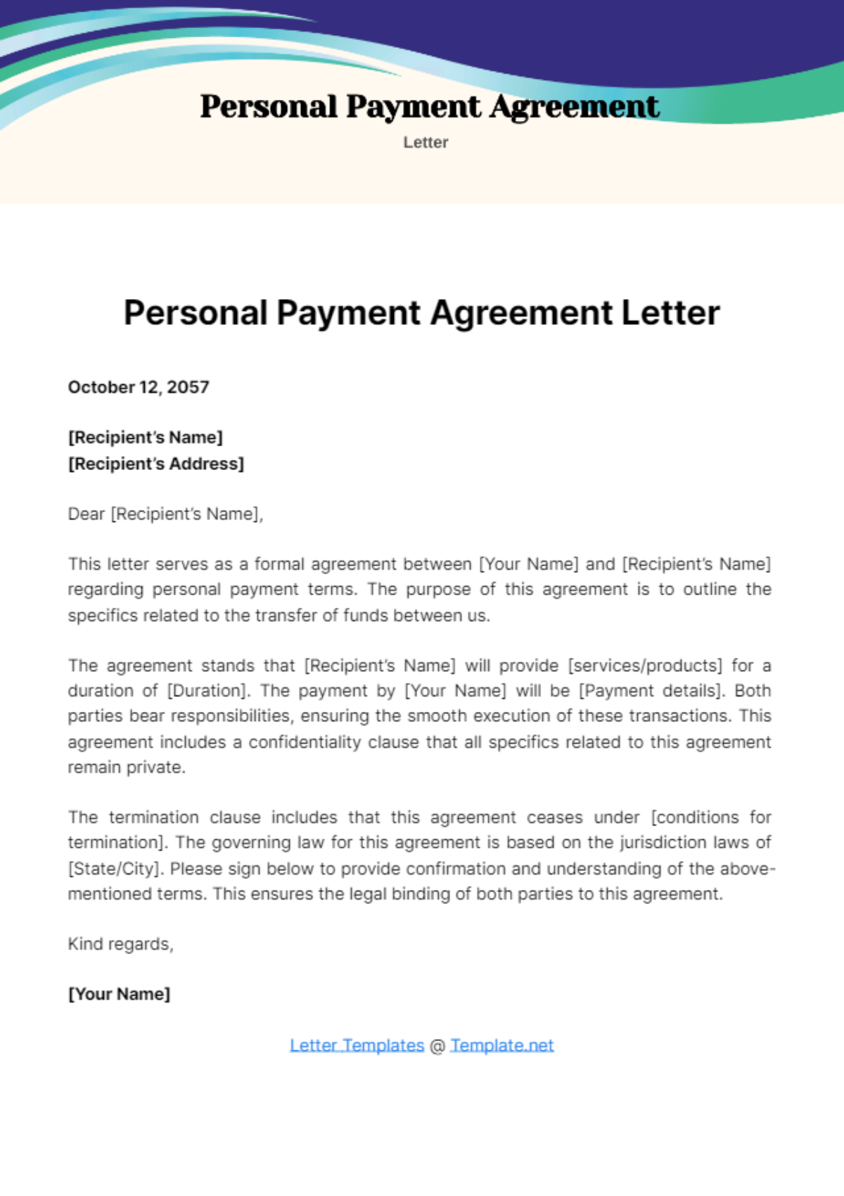 Free Personal Payment Agreement Letter Template