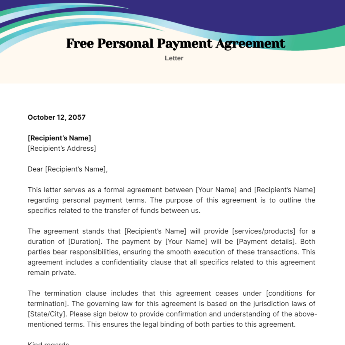 Personal Payment Agreement Letter Template