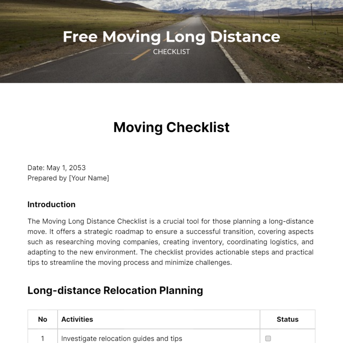 Moving Long Distance Checklist Template