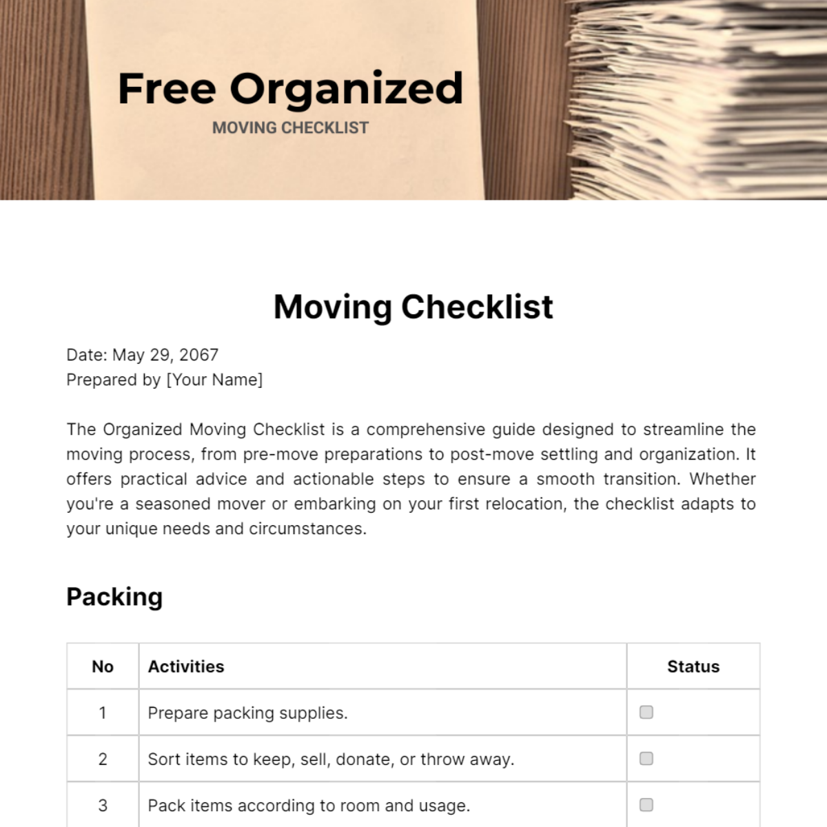 Organized Moving Checklist Template