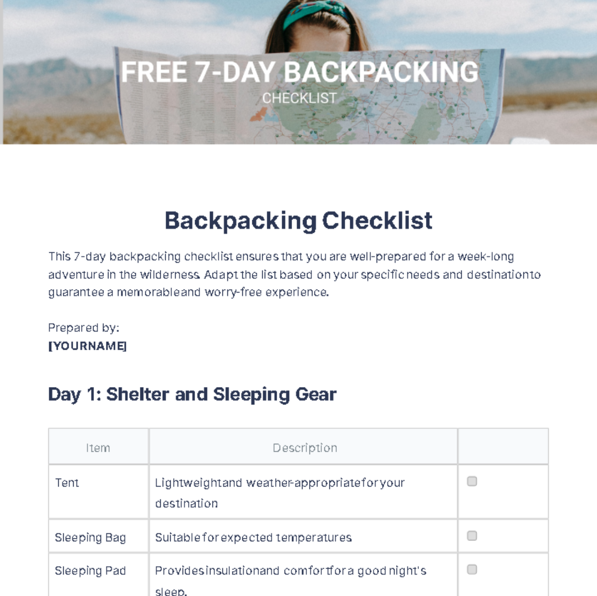 7-Day Backpacking Checklist Template