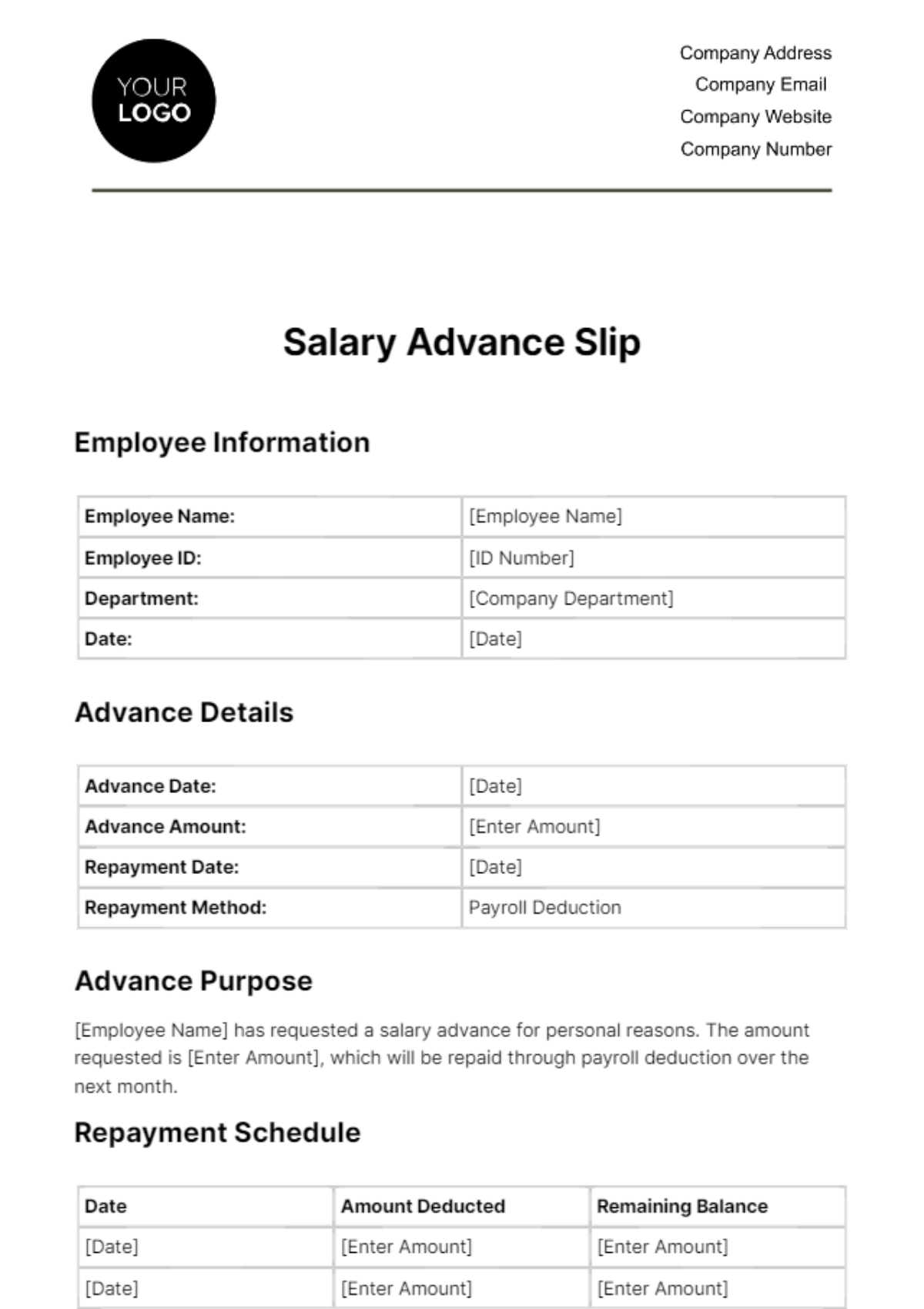 Free Salary Advance Slip HR Template