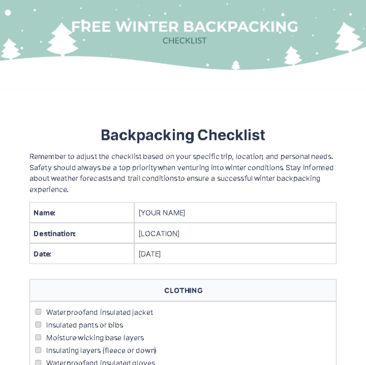 Free Winter Backpacking Checklist Template