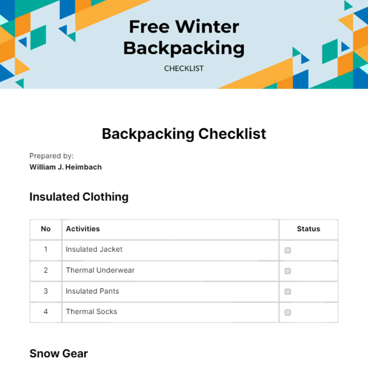 Winter top backpacking checklist