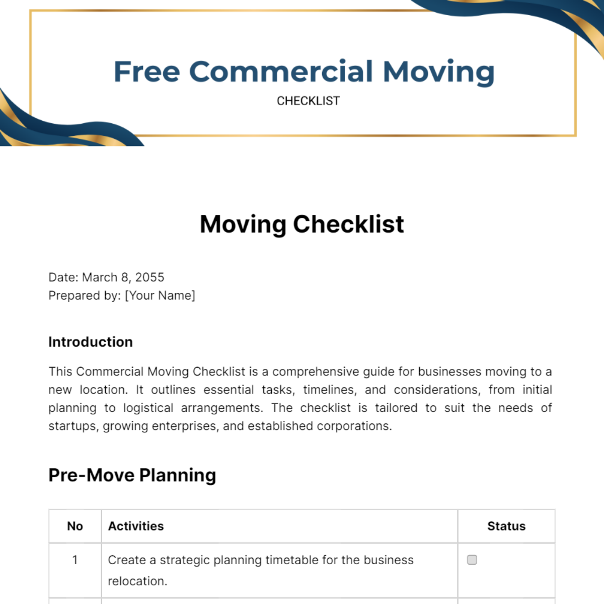 Commercial Moving Checklist Template