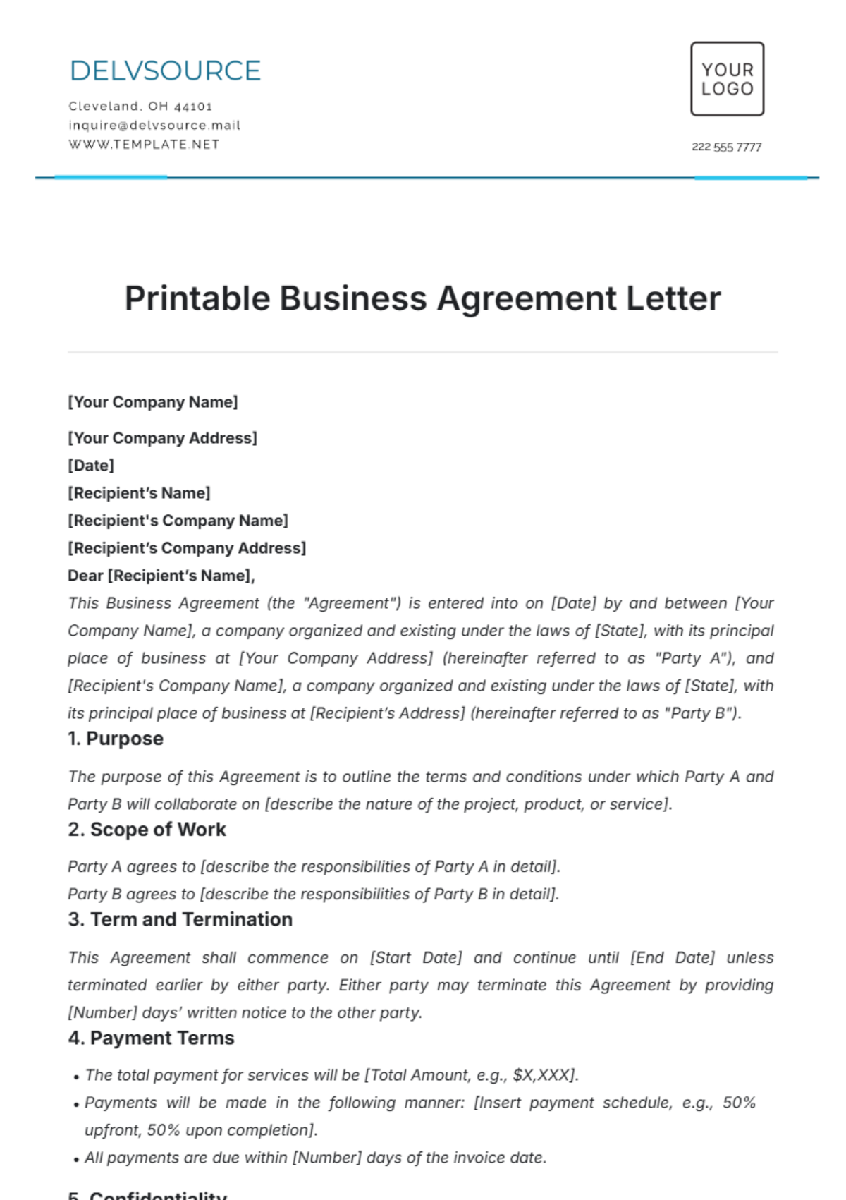 Printable Business Agreement Letter Template - Edit Online & Download