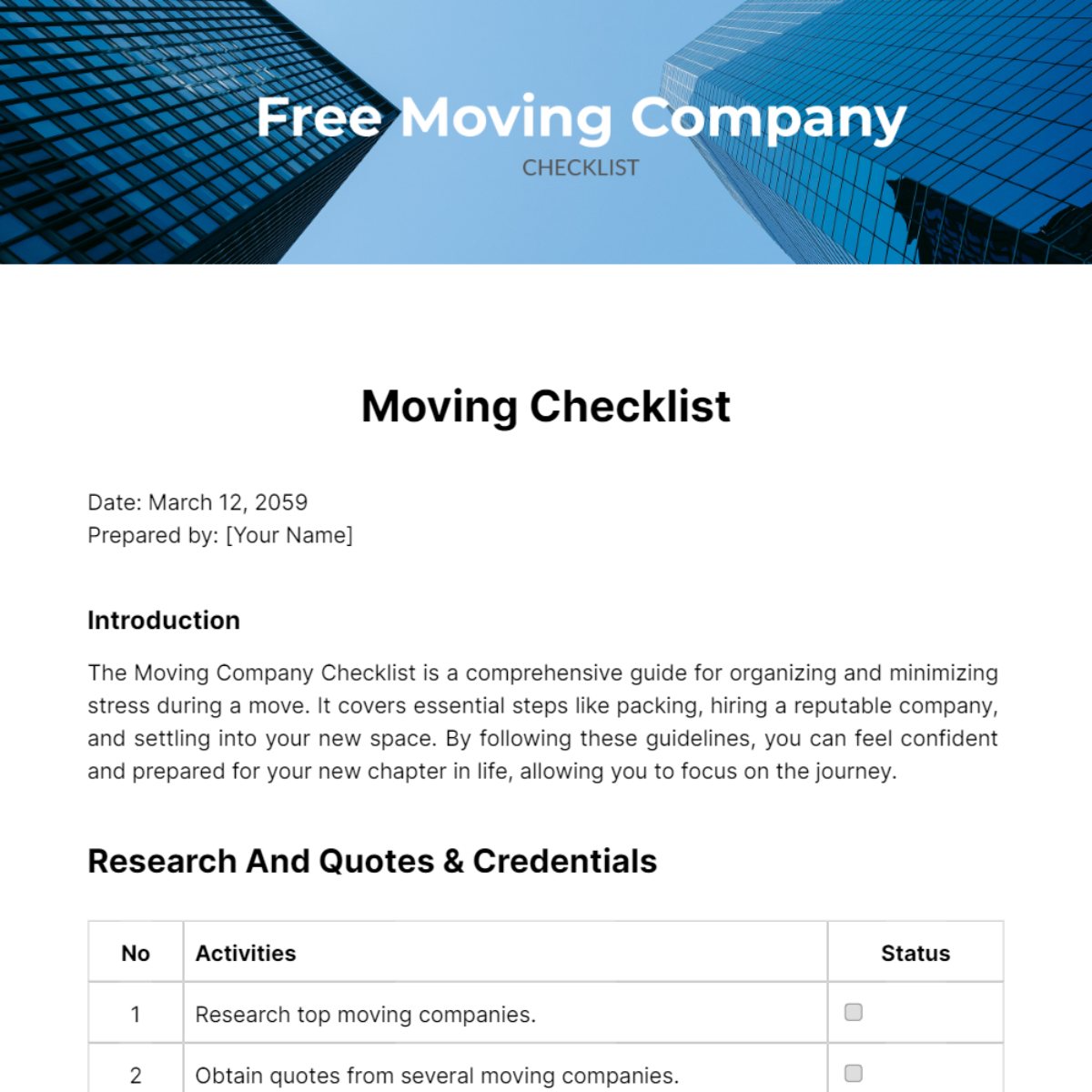 Moving Company Checklist Template