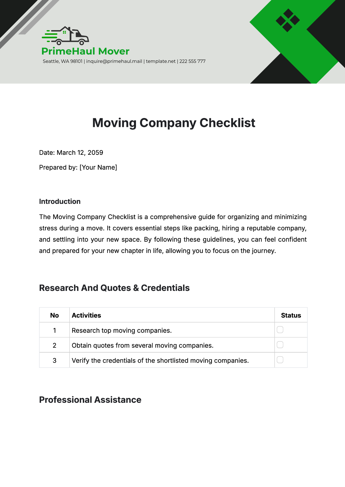 Moving Company Checklist Template - Edit Online & Download