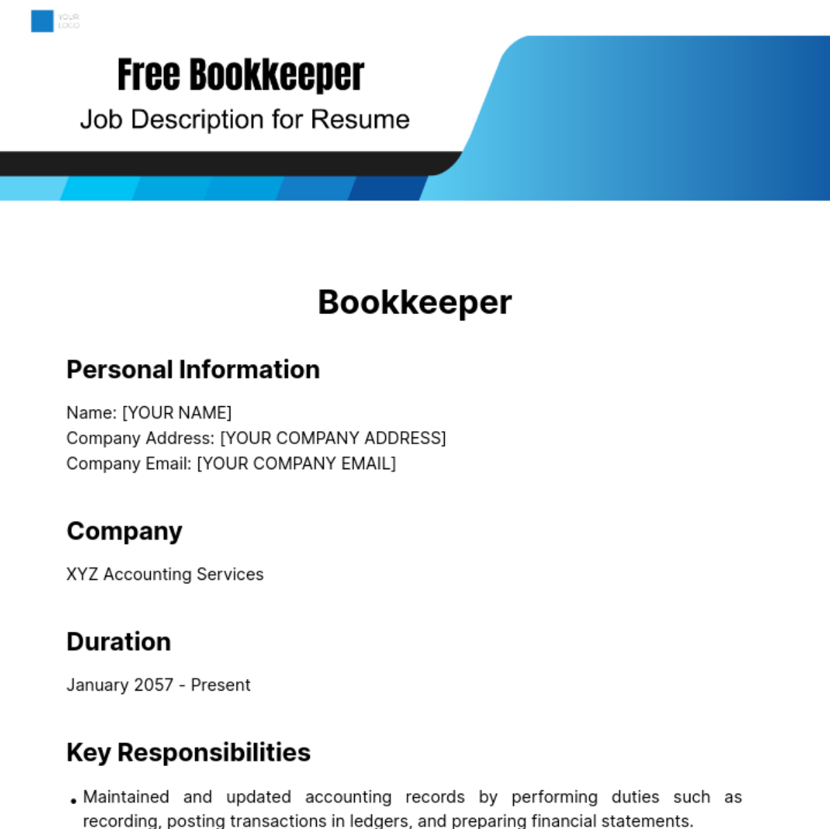 Bookkeeper Job Description for Resume Template