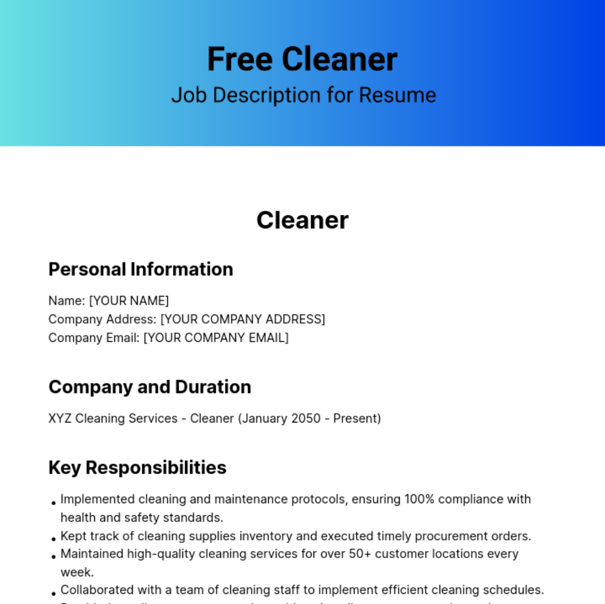 Free Cleaner Job Description for Resume Template