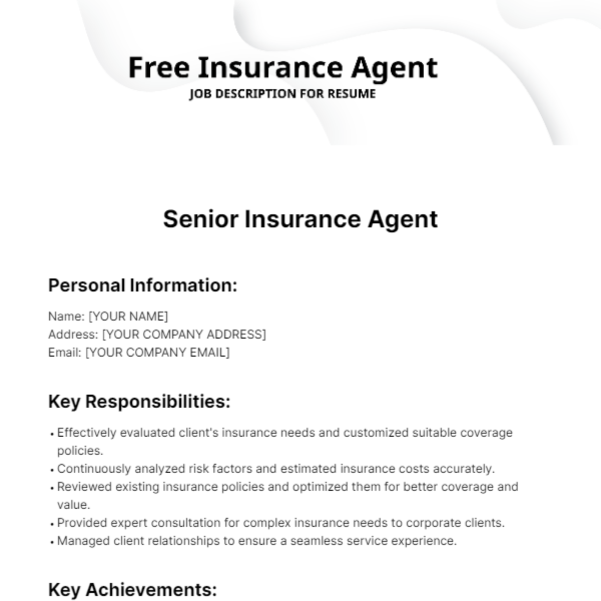 Free Insurance Agent Job Description for Resume Template