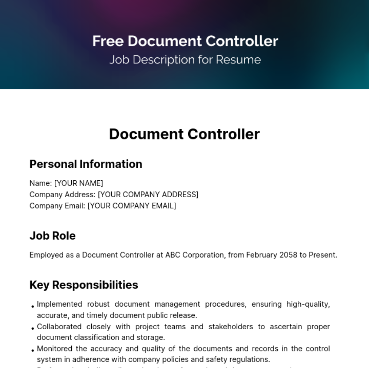 Document Controller Job Description for Resume Template