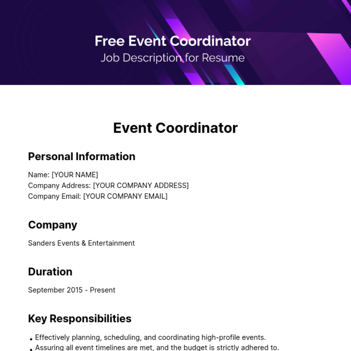 Free Event Coordinator Job Description for Resume Template