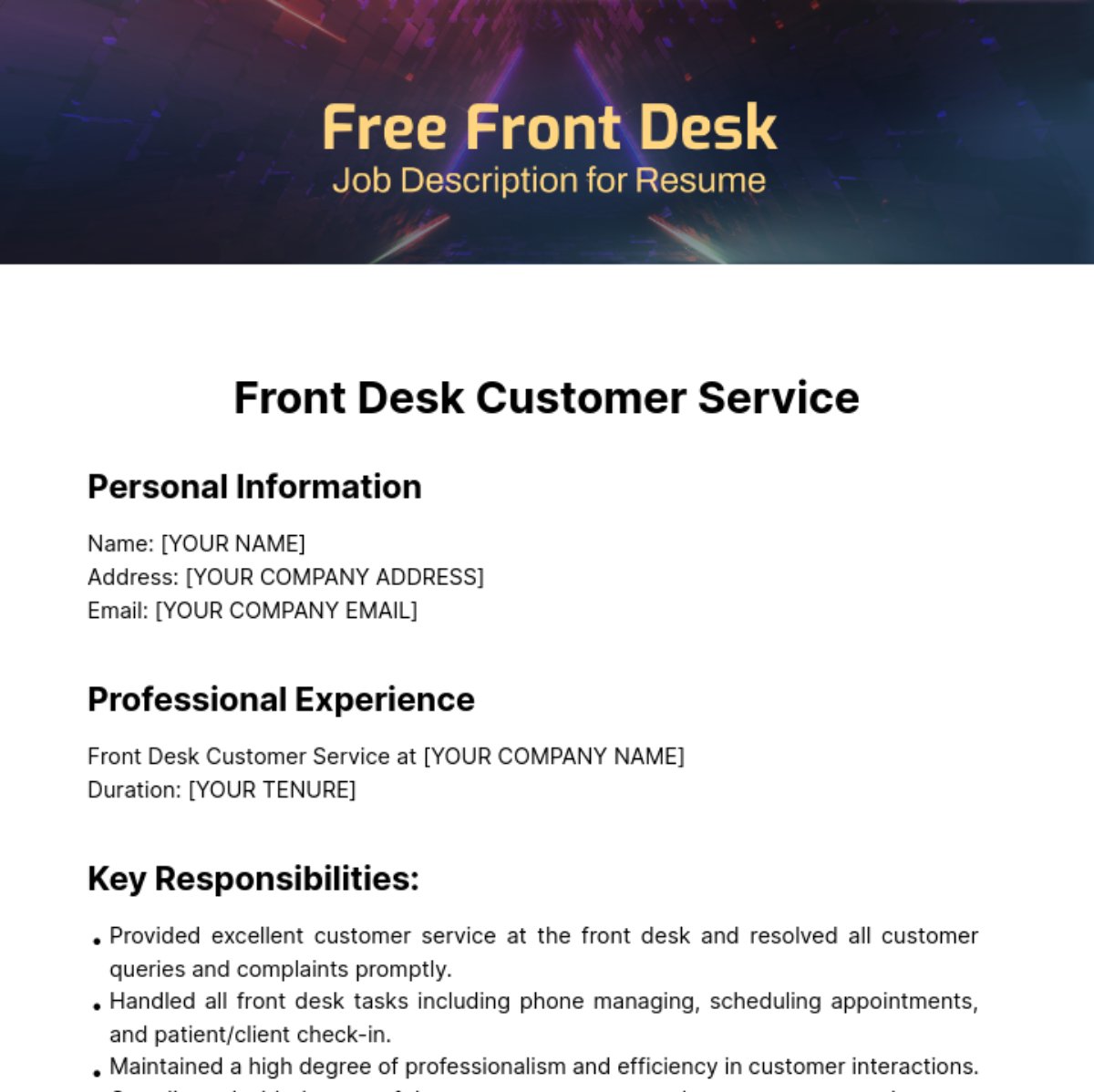 Free Front Desk Job Description for Resume Template