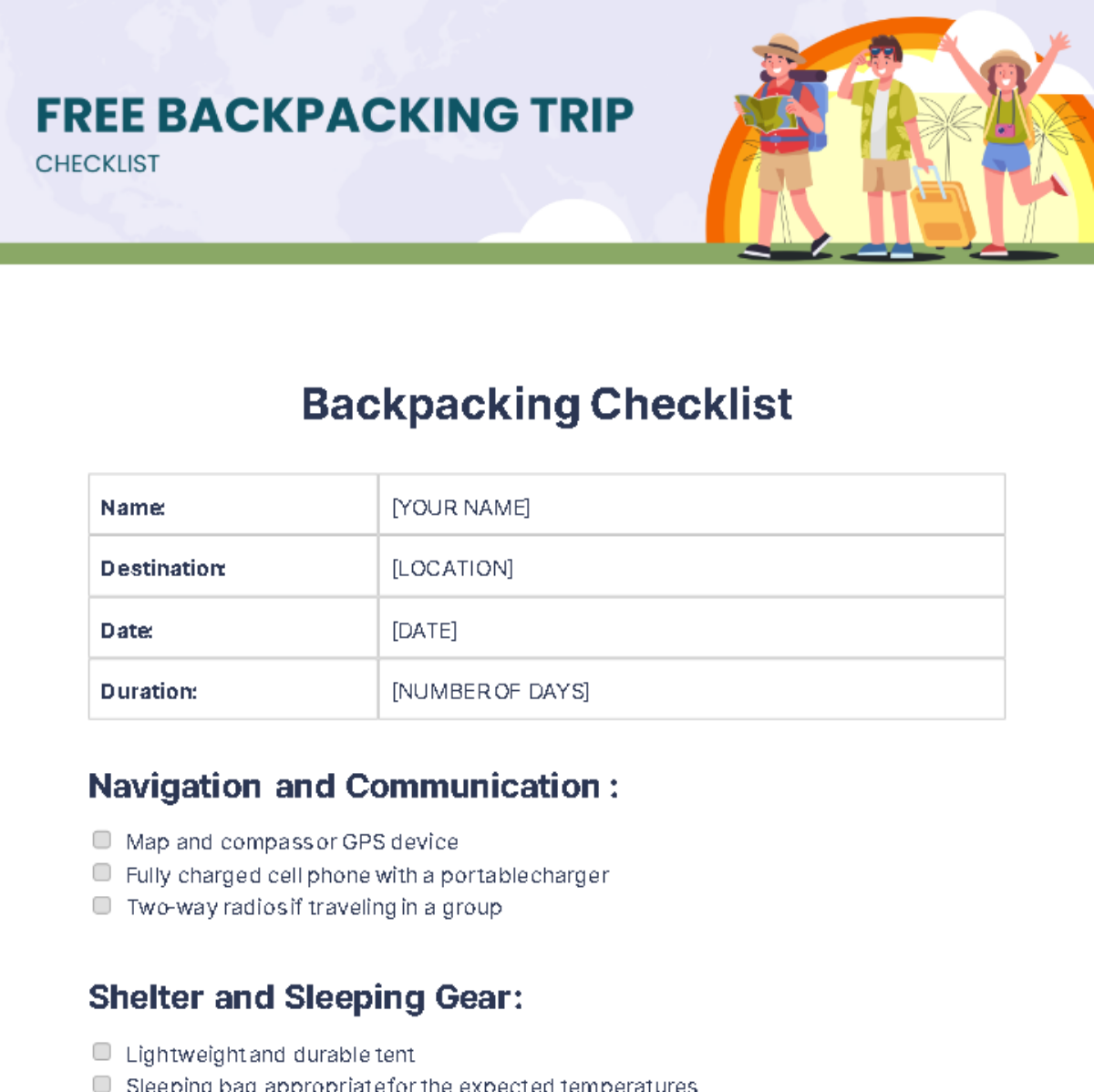 Free Backpacking Trip Checklist Template