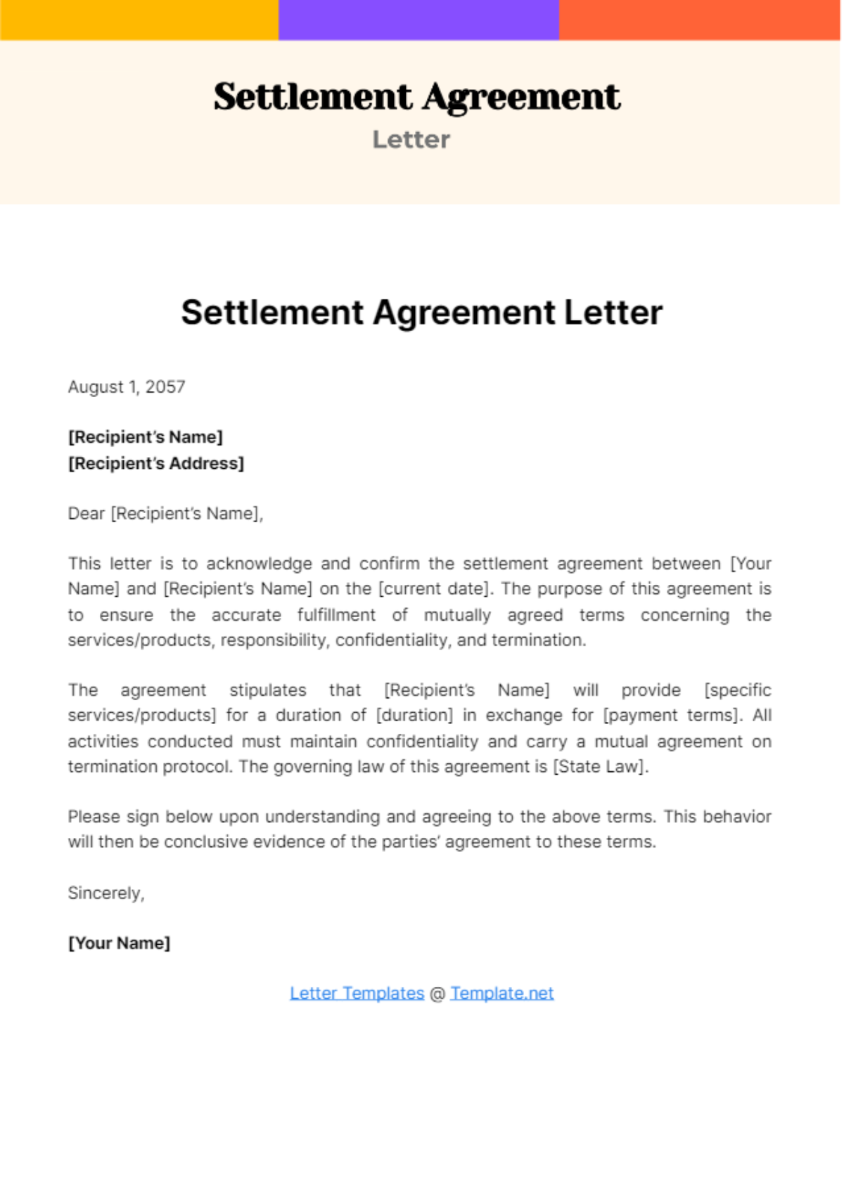 Free Settlement Agreement Letter Template